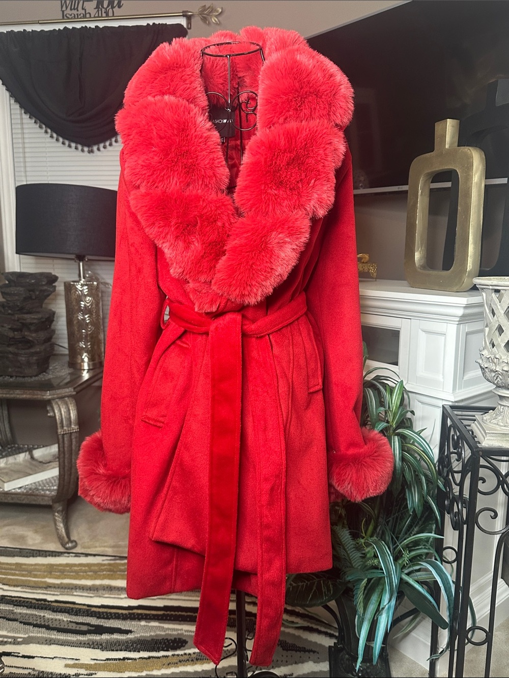 Fashion Nova Red Faux Fur-Trim Tie Belt Trench Coat